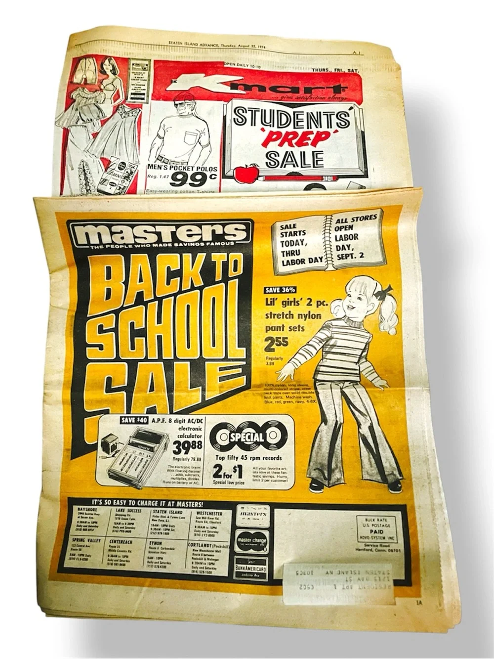 Vintage Back to School Sale Newspaper Circulars Kmart and Masters August 1974